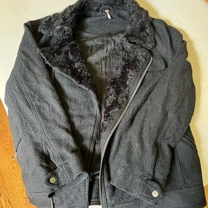 Free People Medium Black Wool Moto Jacket w/ Faux Fur - Gently Worn